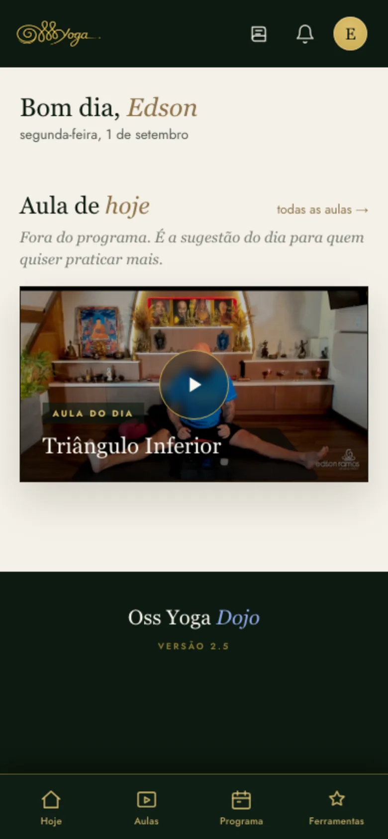 Tela do Dojo com aula do dia e acesso a aulas, programa e ferramentas