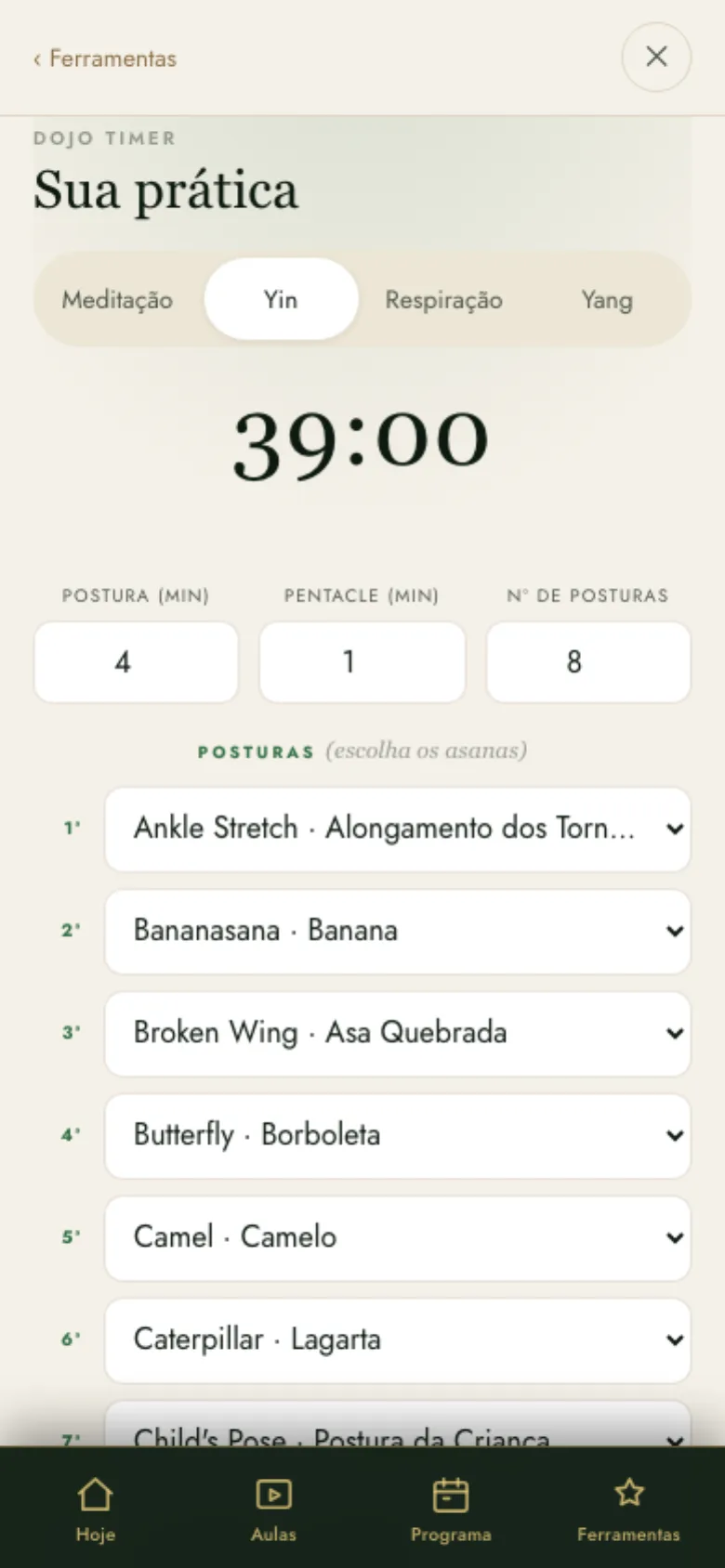 Dojo Timer no modo Yin, com a sequência de posturas montada