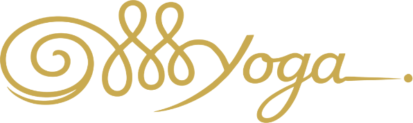O símbolo do Oss Yoga: uma espiral que parte de um ponto central, cinco voltas que desenham a palavra Oss, a palavra yoga e uma linha reta que termina em ponto.