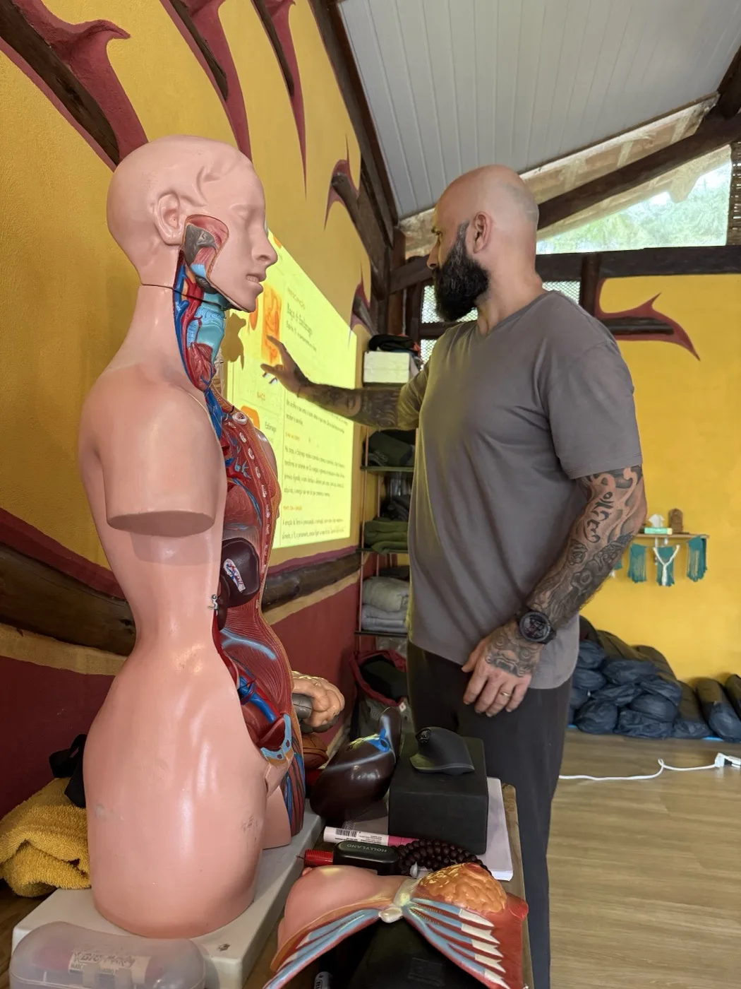 Edson Ramos ensinando anatomia com modelo anatômico e projeção na sala da pousada